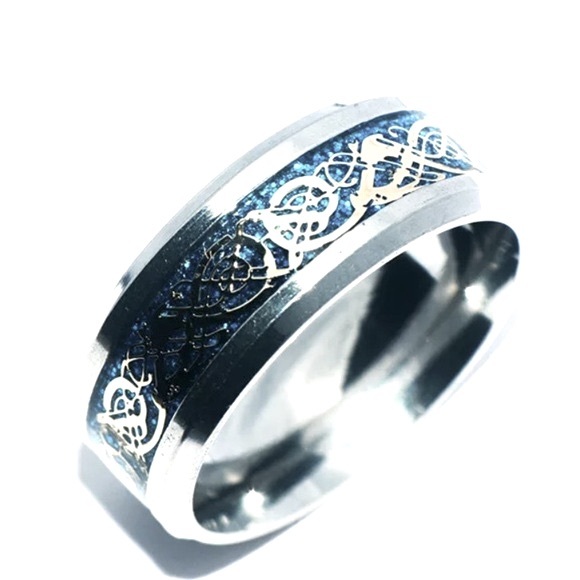 Dragon Tribal Silver Design With Blue Background Silver Band And Beveled Edge - Picture 3 of 5